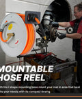 Retractable Air Hose Reel With Three Eighths Inch By Fifty Foot Hybrid Hose Auto Rewind 300 PSI All Weather Flex Ceiling Or Wall Mount Heavy Duty Air Tool For Home Garage Or Workshop installed in a garage