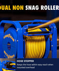 Blue Retractable Air Hose Reel 3/8 Inch By 100 Feet, 300 PSI, Steel Spring Driven Frame, Installed with Flex Hybrid Polymer Hose
