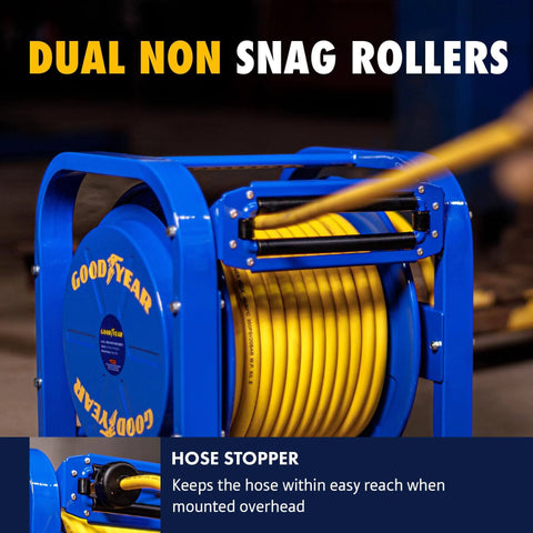 Blue Retractable Air Hose Reel 3/8 Inch By 100 Feet, 300 PSI, Steel Spring Driven Frame, Installed with Flex Hybrid Polymer Hose