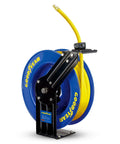 Retractable Air Hose Reel Three-Eighths Inch By 50-Foot Heavy Duty Premium SBR Hose Up To 300 Psi Reinforced Steel Construction Spring Driven Industrial Dual Arm And Pedestal The Workhorse For Your Workshop Or Garage