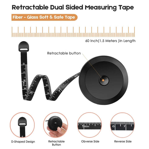 2 Pack Tape Measure Measuring Tape for Body Fabric Sewing Tailor Cloth Knitting Vinyl Home Craft Measurements, black retractable tape