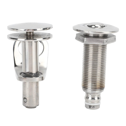 Front view: pair of 304 stainless steel marine boat cleats for deck mounting; left retractable assembly, right threaded bolt.