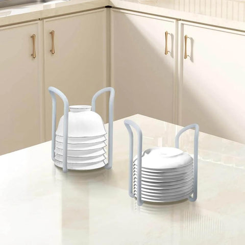 2 Pcs Bowl Rack for Kitchen Cutlery on countertop, showing retractable plastic dish rack with removable plate holders for stacking.
