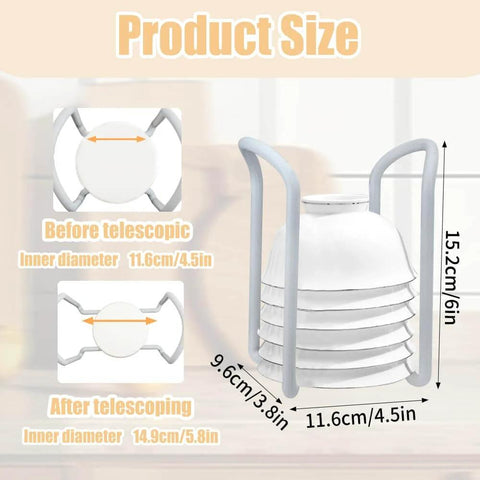 Diagram of 2 Pcs Bowl Rack for Kitchen Cutlery showing telescopic adjustable size for stacking bowls and plates.
