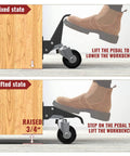 Illustration of retractable casters lifting and lowering function with a foot pedal for workbenches.