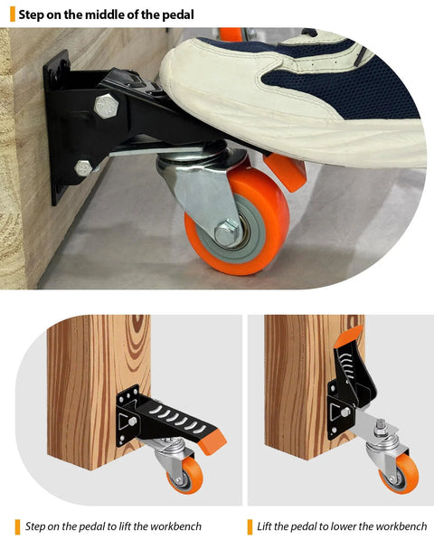 Retractable Workbench Casters Set Of 4 Heavy Duty 700 Lbs Capacity 2.5 Inch Side Mount Swivel Wheels shown installed on workbench