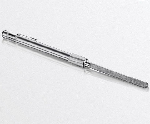 Compact blue handle glass repair file with carbide steel and diamond grit; retractable 5.42 inch design shown in side view