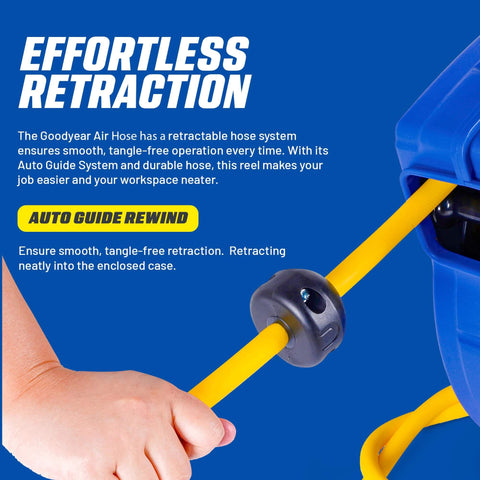 Hand using Retractable Hose Reel With 3/8 Inch By 65 Foot Premium Hybrid Polymer Hose, Heavy Duty Spring Driven, Polypropylene Case