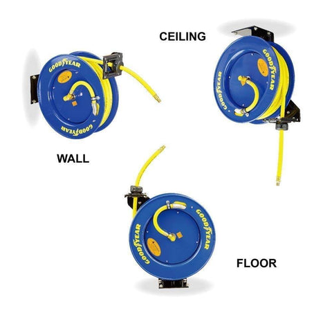 Retractable Air Hose Reel With 3/8 Inch By 50 Foot SBR Rubber Hose, Heavy Duty Industrial Steel, Single Arm Construction, Max 300 PSI