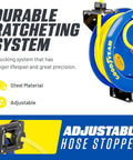 Retractable Air Hose Reel With 3/8 Inch By 50 Foot SBR Rubber Hose, Heavy Duty Industrial Steel, Single Arm Construction, Max 300 PSI