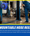 Retractable Hose Reel With 3/8 Inch By 65 Foot Premium Hybrid Polymer Hose installed in shop setting