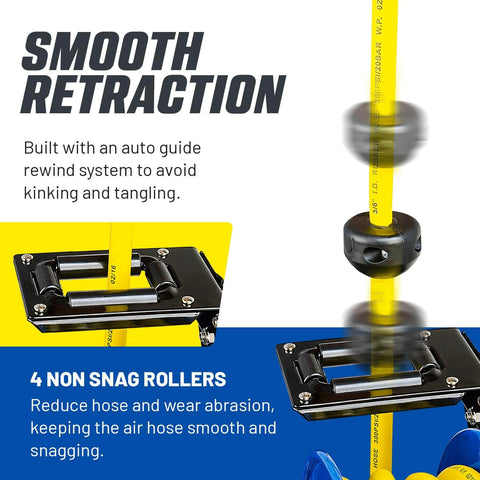 Retractable Air Hose Reel With 3/8 Inch By 50 Foot SBR Rubber Hose, Heavy Duty Industrial Steel, Single Arm Construction, Max 300 PSI, Premium Commercial Hose System For Shop Or Garage, Lead In Hose Not Included with smooth retraction mechanism and non-snag rollers