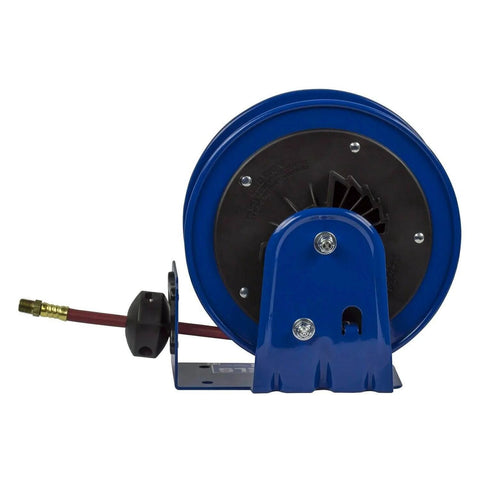 Rear view of a Retractable Air And Water Low Pressure Hose Reel One Half Inch By Fifty Feet P Series Pro Grade Tough Built Heavy Duty Steel