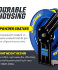 Retractable Air Hose Reel With 3/8 Inch By 50 Foot SBR Rubber Hose, Heavy Duty Industrial Steel, Single Arm Construction, Max 300 PSI