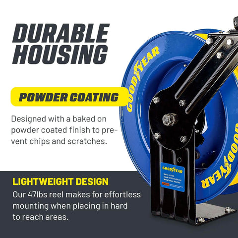 Retractable Air Hose Reel With 3/8 Inch By 50 Foot SBR Rubber Hose, Heavy Duty Industrial Steel, Single Arm Construction, Max 300 PSI