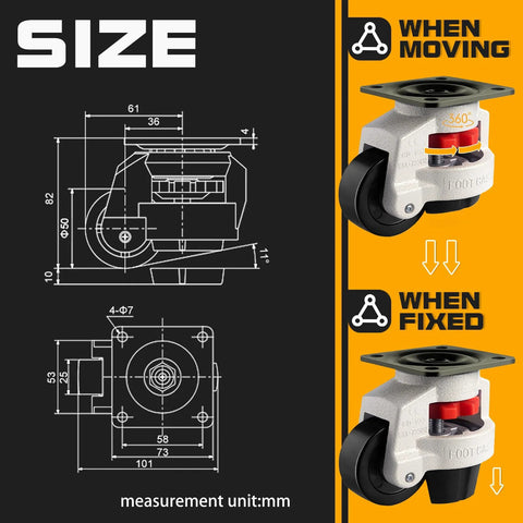 Technical diagram and side view of 4-Piece Leveling Casters With Nylon Wheel And Rubber Foot, Retractable Workbench Caster Set, Heavy Duty Load Capacity 2200 Lbs Total (550 Lbs Each), 2 Inch Wheel, Reduces Vibrations And Absorbs Shock For Stable Mobility.