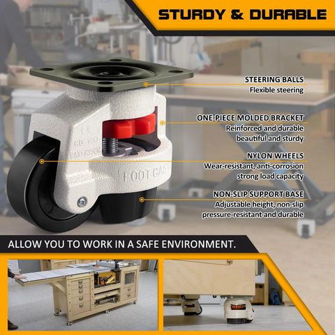 4-Piece Leveling Casters With Nylon Wheel And Rubber Foot, Retractable Workbench Caster Set, heavy duty load capacity 2200 lbs