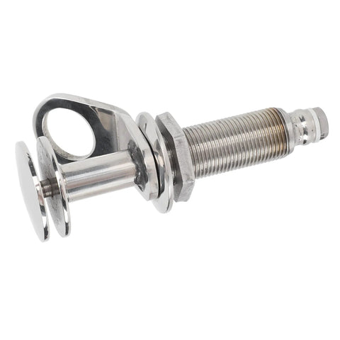 Stainless steel retractable boat deck cleat with pop-out mechanism; side view.