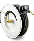 Retractable Oil Hose Reel With One Half Inch By Fifty Foot Premium SAE 100 R1AT Hose Max 2320 Psi Spring Driven Steel Construction Heavy Duty Industrial Single Arm L Shaped Base (front view)