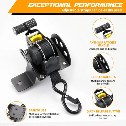 Custom Fit Retractable Ratchet Straps For Ford Maverick 2022 2023 2024 2025, showing anti-slip handle and quick release button