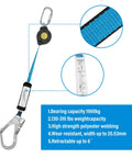 11 Foot Self Retracting Lifeline For Construction Safety Retractable Safety Lanyard With Swivel Top Eye Rebar Hook Shock Pack Absorber Fall Protection Lanyard For Jobsite And House Construction Projects Heavy Duty Easy Mobility showing specifications and features, including high strength polyester webbing.