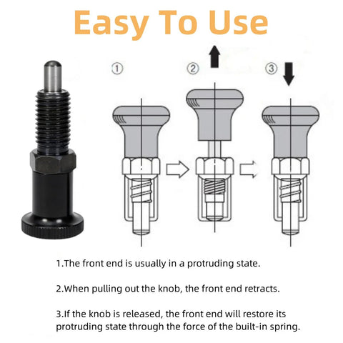 Two Pack Retractable Spring Plunger Ball Loaded Pin M6 Non Locking Indexing Knob Pin For Molds Machinery Cabinets Automotive And Industrial Equipment Stainless Steel Rust Resistant Durable Easy Pin Pull Design with usage instructions.