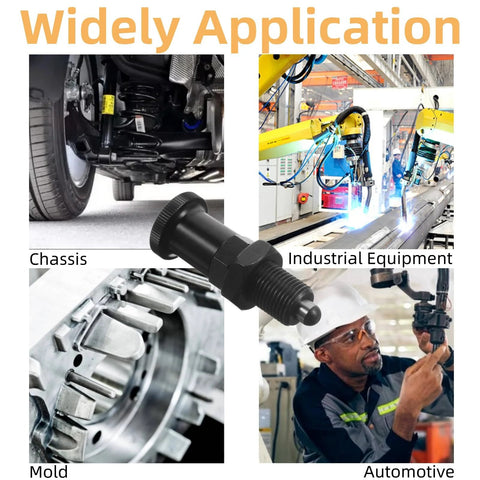 Collage showing Two Pack Retractable Spring Plunger Ball Loaded Pin M6 Non Locking for machinery, automotive, mold, and industrial use.