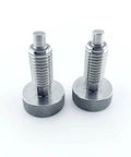 Two stainless steel retractable spring plungers with knurled bases, M12x1.75, for industrial equipment