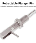Retractable Indexing Plunger Pin Set In M10 Stainless Steel with L handle, shown on white background, industrial use, rust resistant