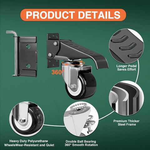 Retractable Workbench Casters With Quick Release Caster Plate Set Four Pack 600 Lb Load Capacity, steel frame, urethane wheels