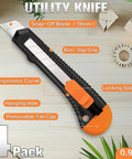 Four pack retractable utility knife with 18mm snap off blades and a secure lockable mechanism showcases ergonomic grip and features