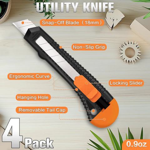 Four pack retractable utility knife with 18mm snap off blades and a secure lockable mechanism showcases ergonomic grip and features