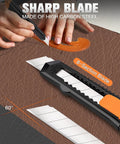 Four pack retractable utility knife with 18mm snap off blades and a secure lockable mechanism delivers clean, precise cuts