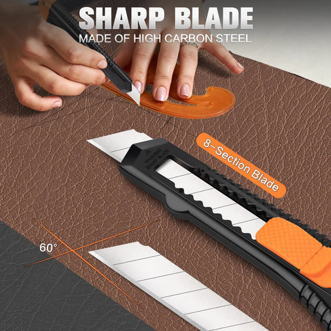 Four pack retractable utility knife with 18mm snap off blades and a secure lockable mechanism delivers clean, precise cuts