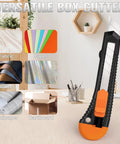 Four pack retractable utility knife with 18mm snap off blades and a secure lockable mechanism on a desk with materials