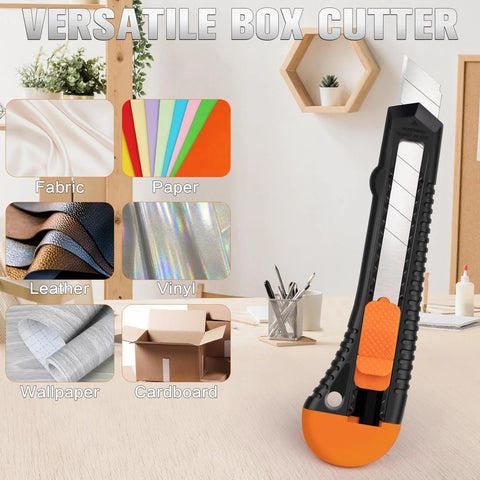 Four pack retractable utility knife with 18mm snap off blades and a secure lockable mechanism on a desk with materials