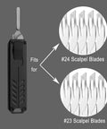 Auto retractable utility knife with push button deployment fits #23 and #24 scalpel blades visible in close-up.