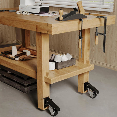 Wooden workbench with retractable workbench casters and quick-release caster plate set four pack installed for mobile use