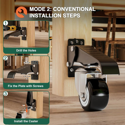 Installation steps for Retractable Workbench Casters With Quick Release Caster Plate Set Four Pack 600 Lb Load Capacity