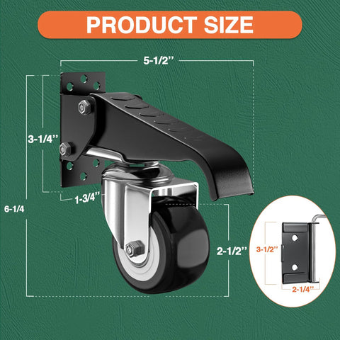 Retractable Workbench Casters With Quick Release Caster Plate Set Four Pack 600 Lb Load Capacity shown with dimensions