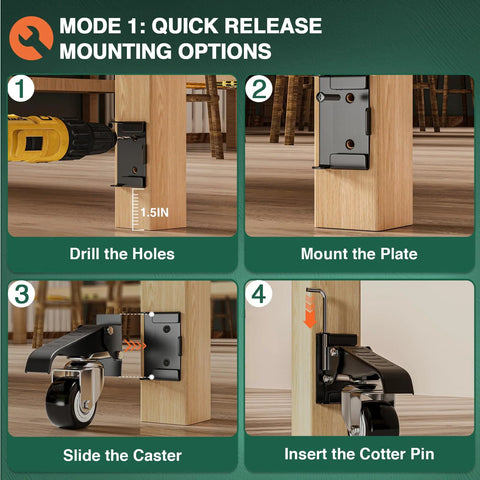 Step-by-step installation of Retractable Workbench Casters With Quick Release Caster Plate Set Four Pack 600 Lb Load Capacity Dual Mounting Options