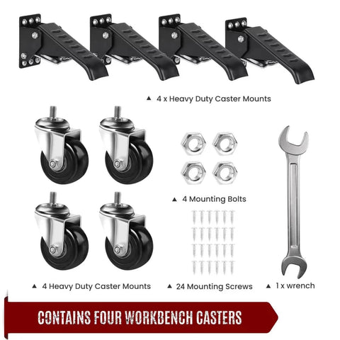 ✝️ Workbench Casters Retractable Casters Kit 900Lbs, 4 Heavy Duty Casters Side Mounted All Steel Construction with tools included