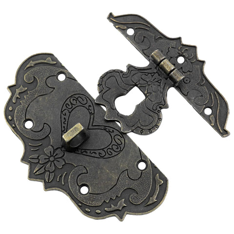 Retro Heart Lock Clasp Set For Jewelry Boxes Cabinets And Wooden Boxes Zinc Alloy Bronze Finish Handle Lock Carved Decoration