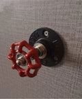 Retro iron door pull handle with red valve style, mounted on wall, industrial look, perfect for doors, cabinets, kitchen, wardrobes.