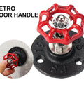 Close-up of retro iron door pull handle in red, industrial style, black plate, for doors cabinets drawers kitchen wardrobe.