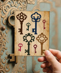 Person holding a card showing Retro Keys Cutting Dies Set For Scrapbooking And Card Making, Delorigin 16pcs Must Have Vintage Carbon Steel Die Cuts.