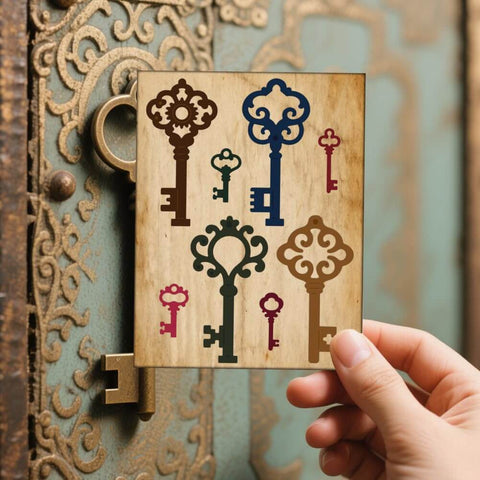 Person holding a card showing Retro Keys Cutting Dies Set For Scrapbooking And Card Making, Delorigin 16pcs Must Have Vintage Carbon Steel Die Cuts.