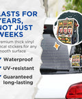 Dope Two Pack Retro Slot Machine Stickers With Vintage Casino Vibe, Lucky Slot 777 Theme on car window showing waterproof feature.