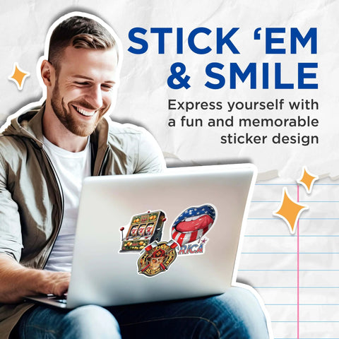 Man using laptop with Dope Two Pack Retro Slot Machine Stickers With Vintage Casino Vibe, Lucky Slot 777 Theme visible.