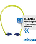 Reusable Banded Earplugs For Work Hearing Protection With Neck Cord 25 Decibels Noise Reduction, highlighted in green and blue.